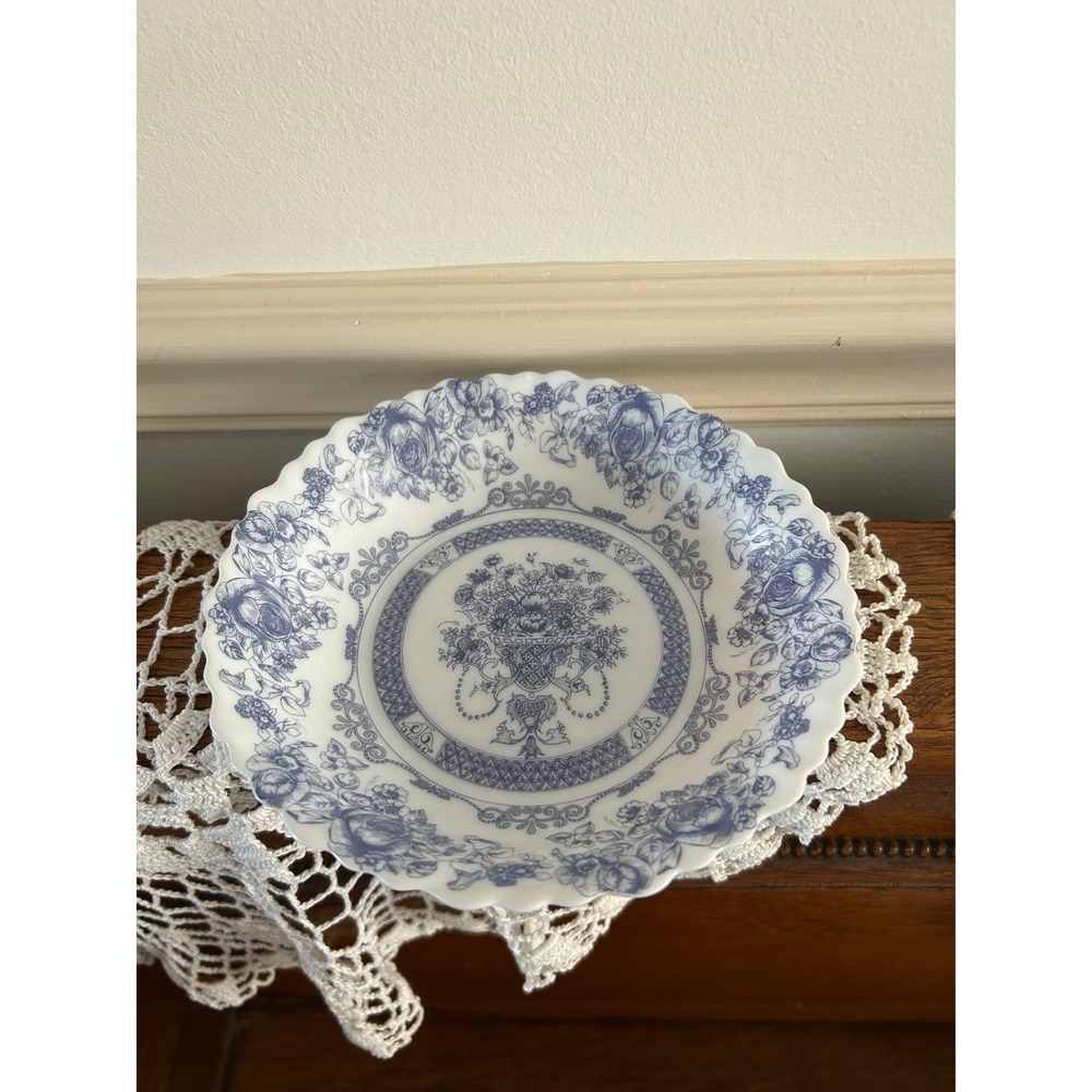 Arcopal France Honorine Blue Floral Milk Glass Scalloped Bowl 7" Vintage